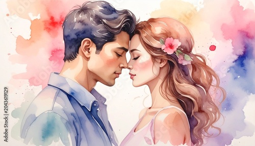 Romantic Couple Embracing with Watercolor Background.
