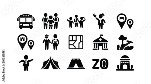 Set of 15 Black Flat Travel and Tourism Icons Vector