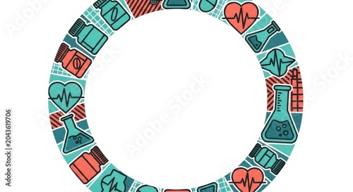 Circular medical border with laboratory flasks pill bottles and heartbeat icons for logo.