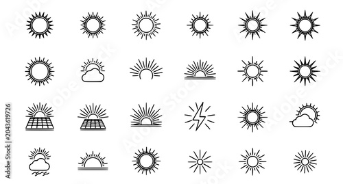 Obraz na plátně Meteorology Sun Symbol Set with Sunshine Forecast and Solar Weather Icons Vector