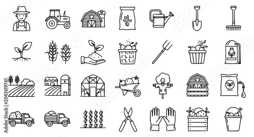 Foto Farmer Line Icon Set with Agriculture Sowing Harvest and Farming Equipment Symbo