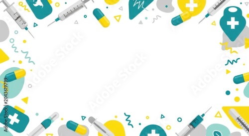 Healthcare and medical elements forming a decorative frame on white background.