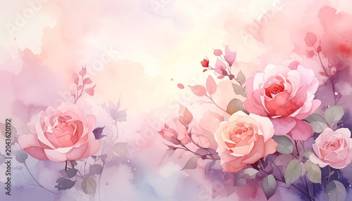Soft Watercolor Pink Roses Floral Background.