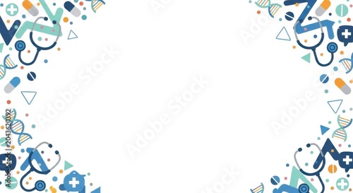 Medical background with abstract shapes and health related icons in blue and green palette.