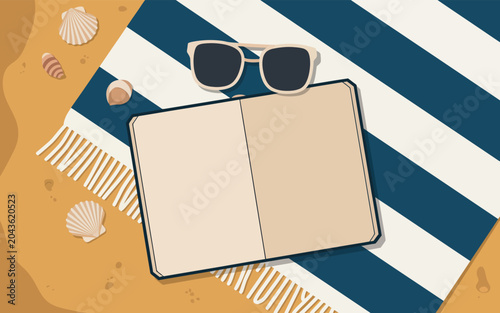 Summer beach vacation concept with striped towel sunglasses and blank notebook vacation sunglasses notebook seashells. Vector illustration