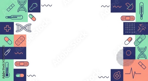 Healthcare flat icons frame with bandages pills dna and thermometer medical supplies set.