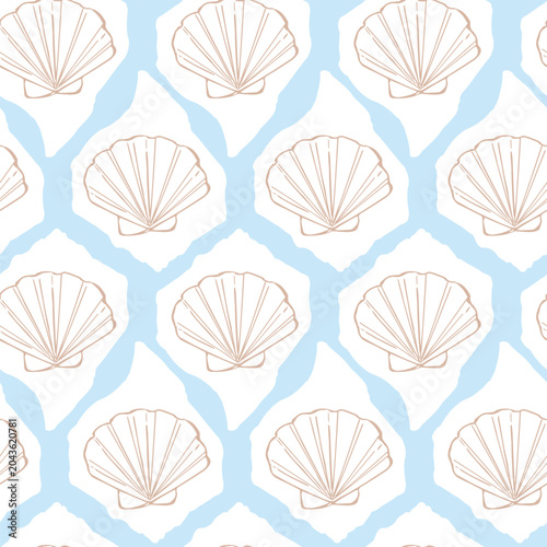 Summer pattern. Vector seamless pattern with hand drawn brown seashells. Isolated on blue