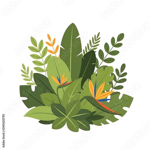 Colorful tropical leaves with yellow and orange flowers arrangement.