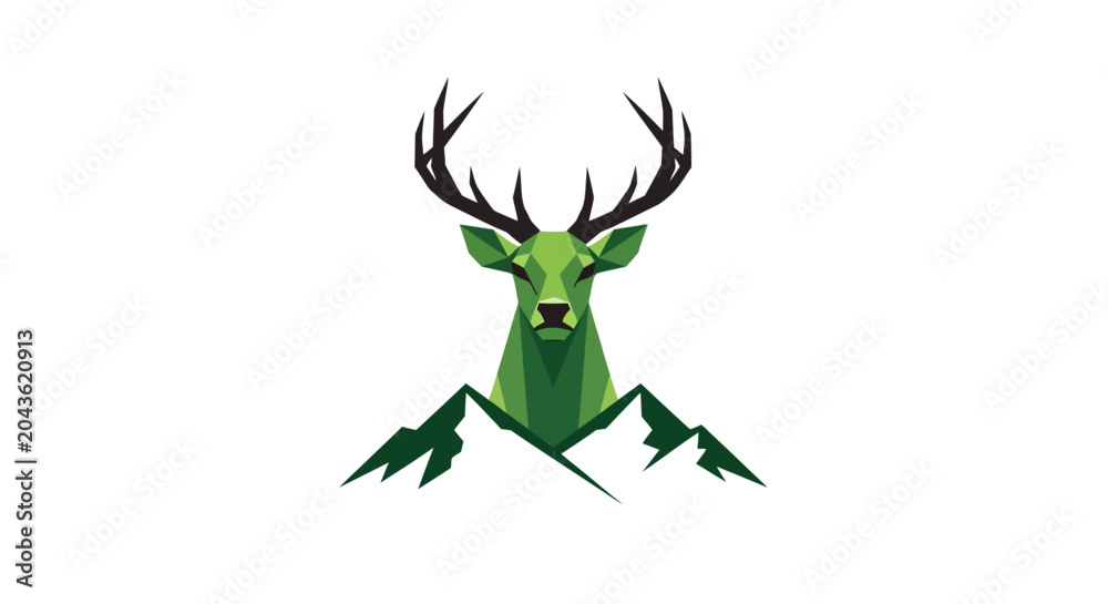 Fototapeta premium green deer head with antlers emerging from mountain vector illustration