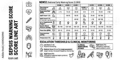 Photos Sepsis Early Warning Score Line Art Black White-Vital Sign NEWS2 Threshold Grid-