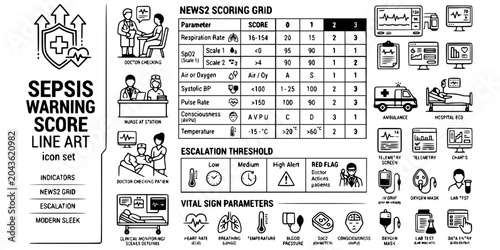 Tableau sur toile Sepsis Early Warning Score Line Art Black White-Vital Sign NEWS2 Threshold Grid-