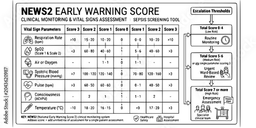 Foto Sepsis Early Warning Score Line Art Black White-Vital Sign NEWS2 Threshold Grid-