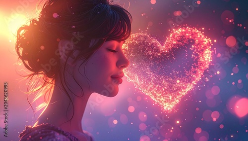 Woman with glowing heart love romance.