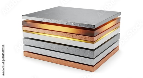 Stack of rectangular metal plates with silver and gold surface finish textures for industrial or construction design
