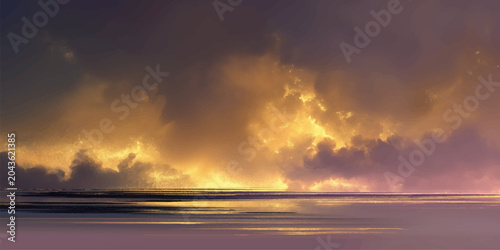 Fotografie A beautiful sunset paints a fiery orange and red cloudscape over the ocean, cast