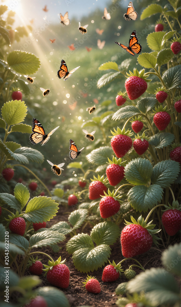 Fototapeta premium Fresh Strawberries Growing in Garden with Butterflies