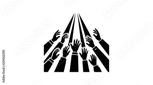 Tableau sur toile A black and white graphic illustration of many hands reaching upward toward a central point