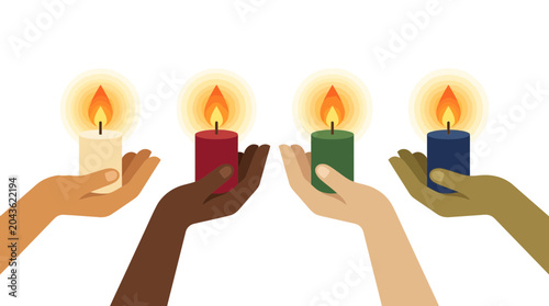 Fotografie Diverse hands holding lit candles representing unity and hope.