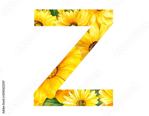 A large, stylized letter Z filled with a pattern of bright yellow sunflowers on a white background