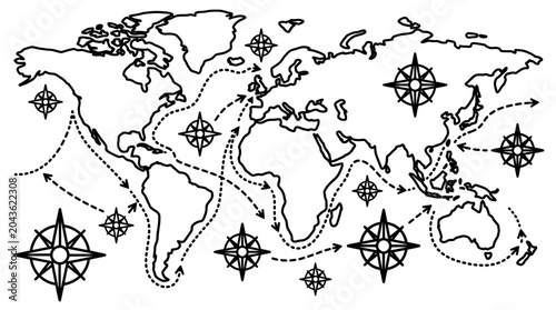Obraz na płótnie Vintage style world map illustration with navigational compasses and travel route lines