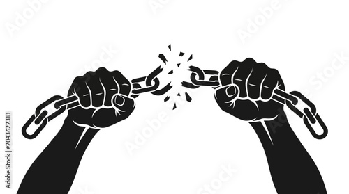 Tableau sur toile Two black fists breaking a heavy metal chain representing freedom and liberation