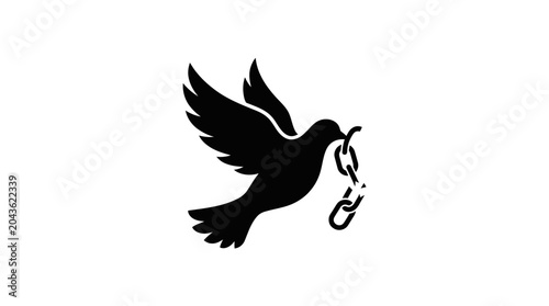 Tableau sur toile A black silhouette of a dove carrying a broken chain in its beak.