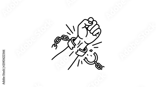 Foto A black and white line art illustration of a hand breaking free from metal shackles