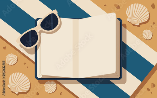 Summer holiday flat lay concept with open book beach towel and seashells sunglasses seashells vacation stationery. Vector illustration