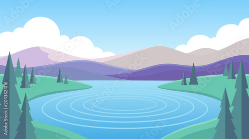 Foto Scenic landscape illustration with mountains lake and stylized clouds
