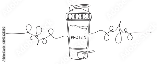 Continuous line art vector illustration of a protein shake in bottle with a powder scoop for fitness diet concept, minimalist black and white single line drawing