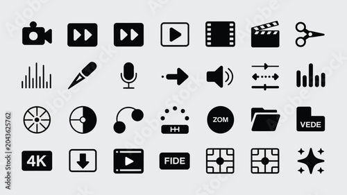 Set of various video editing and media production icons on light gray background vector.