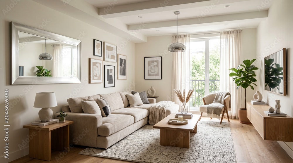 Fototapeta premium Bright and Cozy Living Room with Large Windows, Elegant Decor, Comfortable Sofa, Indoor Plants, Natural Lighting, Modern Style, Stylish Furniture, Minimalist Design, Homey Atmosphere, Trendy Interior