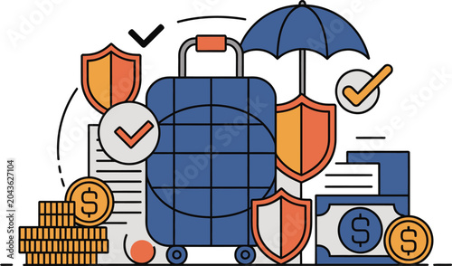 Comprehensive travel insurance conceptual illustration with luggage shield and financial documents insurance suitcase. Vector illustration