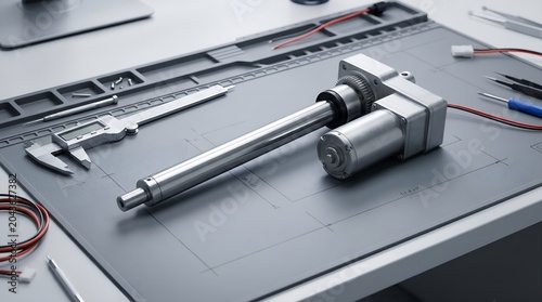 Advanced linear actuator mechanism with precision tools on a workbench, technology concept