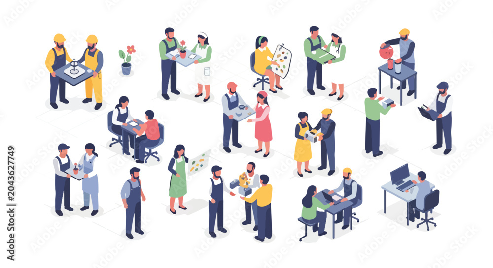 Fototapeta premium Illustrated diverse team collaborating in various professional office settings