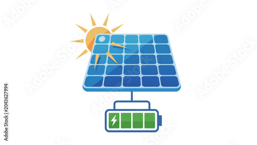 Foto Solar panel system converting sunlight into green electricity with battery stora