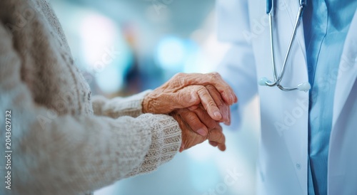 a doctor reassures a patient with a comforting handshake in hospital close up detail view natural li