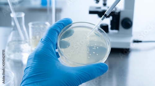 Close-up of a researcher's gloved hand examining bacterial colonies in a petri dish within a scientific lab
