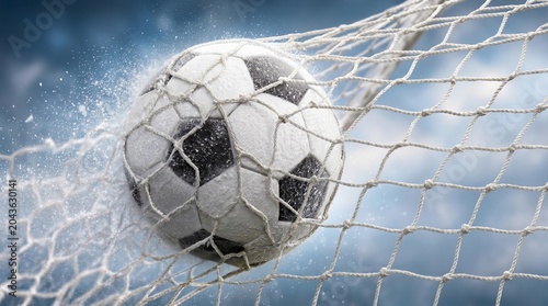 Soccer ball hitting the net with water splashes close up, goal moment concept