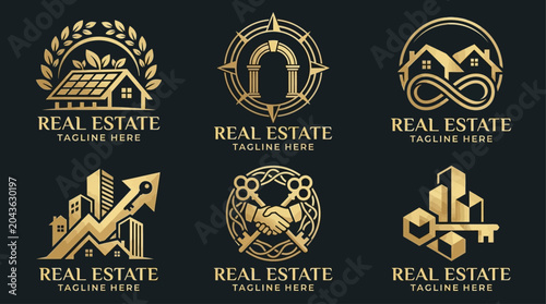Luxury Golden Real Estate Emblems featuring Houses, Keys, and Growth Symbols for Business Branding
