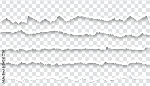 Ripped paper borders strips with rough torn edges. Piece of torn black Vertical paper with soft shadow stuck on white squared background.