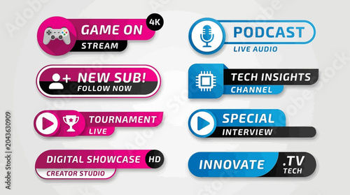 Collection of modern digital broadcast graphic elements for streaming and media