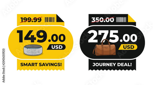 Discounted Offer Labels with Prices and Product Images for Smart Savings and Travel Deals