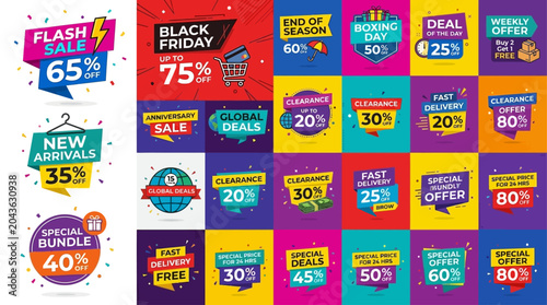 Collection of Vibrant Discount Badges and Sale Promotion Labels for Online Shopping and Marketing Campaigns