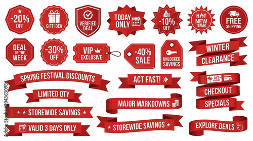 Red sale and discount badges and ribbons for marketing and advertising