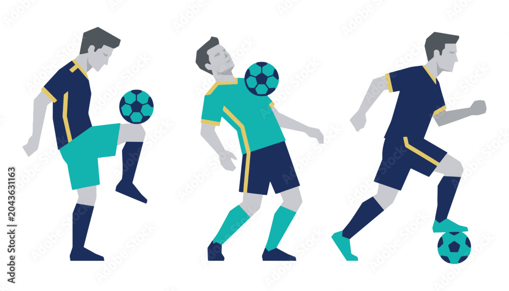 Fototapeta premium Football players training, practicing dribbling and ball control, dynamic action poses, minimalist flat design style, sports activity.