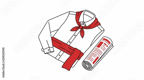 Flat graphic illustration presenting traditional san fermín festival attire: white shirt, vibrant red sash, neckerchief, rolled newspaper image. perfect resource cultural marketing.