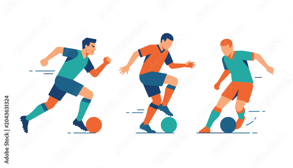 Fototapeta premium Soccer players dribbling ball on field energetic movement athletic sports.