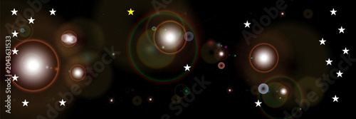 Tableau sur toile Abstract cosmic black background with bright lens flares and glowing star parti