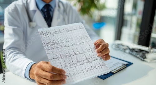 Doctor analyzing a detailed electrocardiogram printout in clinic cardiology medical professional ecg